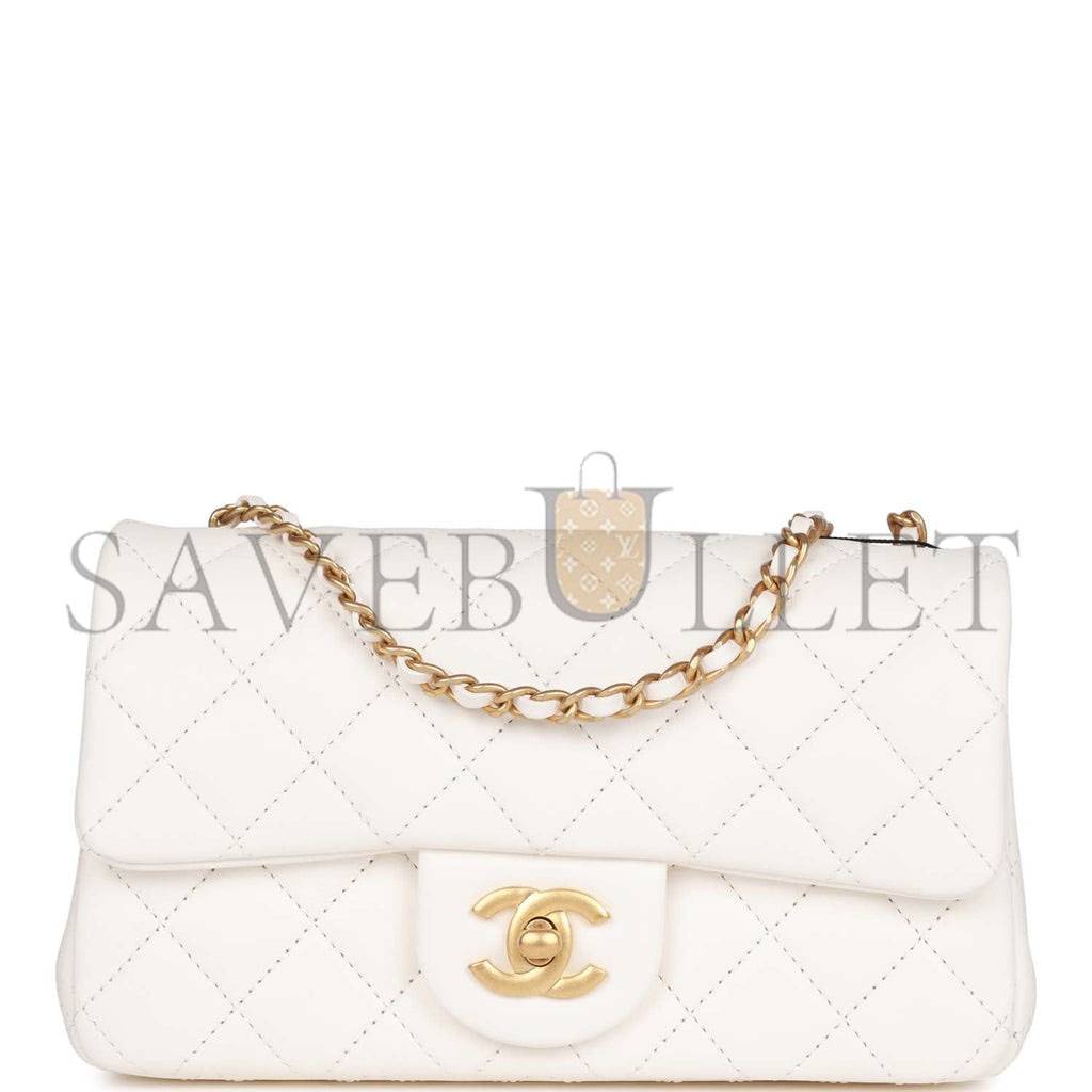 CHANEL PEARL CRUSH MINI RECTANGULAR FLAP BAG WHITE LAMBSKIN ANTIQUE GOLD HARDWARE (20*13*6cm)