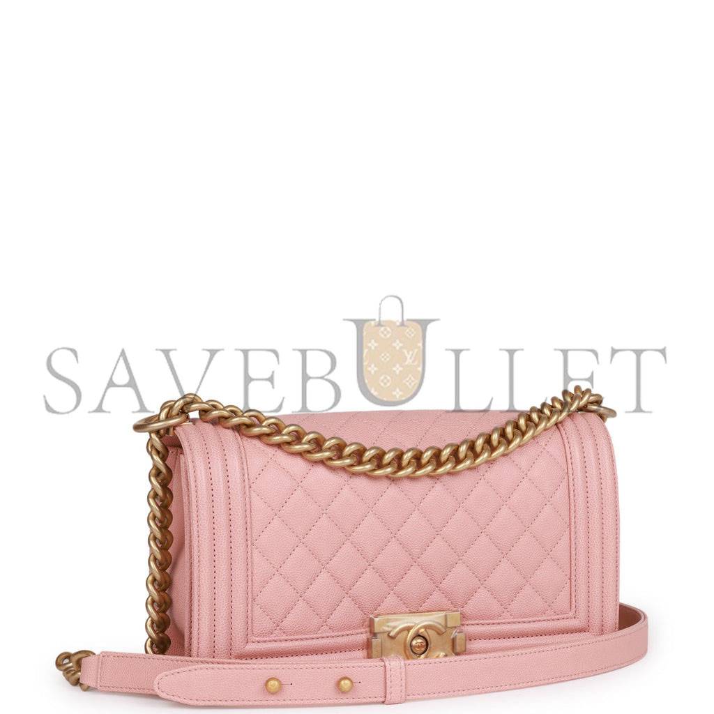 CHANEL MEDIUM BOY BAG PINK CAVIAR ANTIQUE GOLD HARDWARE (25*15*9cm)