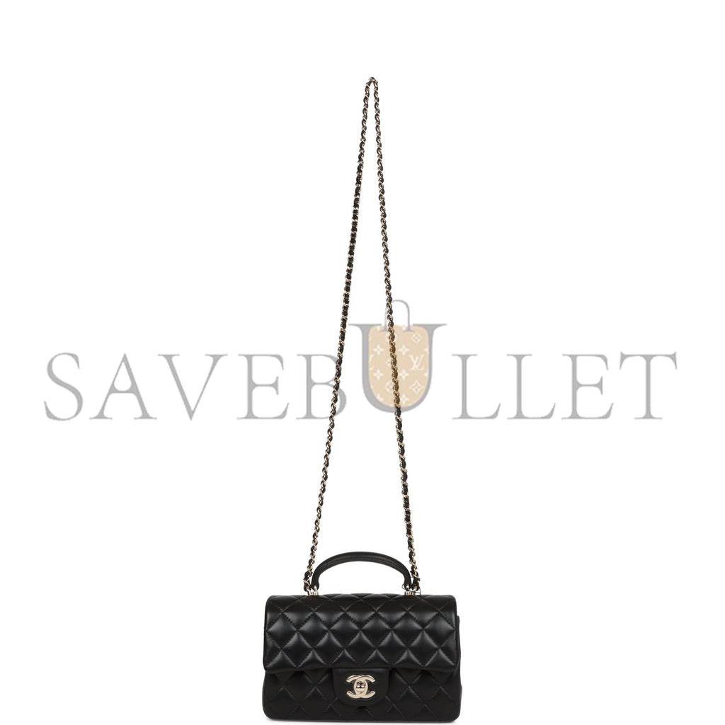 CHANEL MINI RECTANGULAR FLAP BAG WITH TOP HANDLE BLACK LAMBSKIN LIGHT GOLD HARDWARE (22*15*8cm)