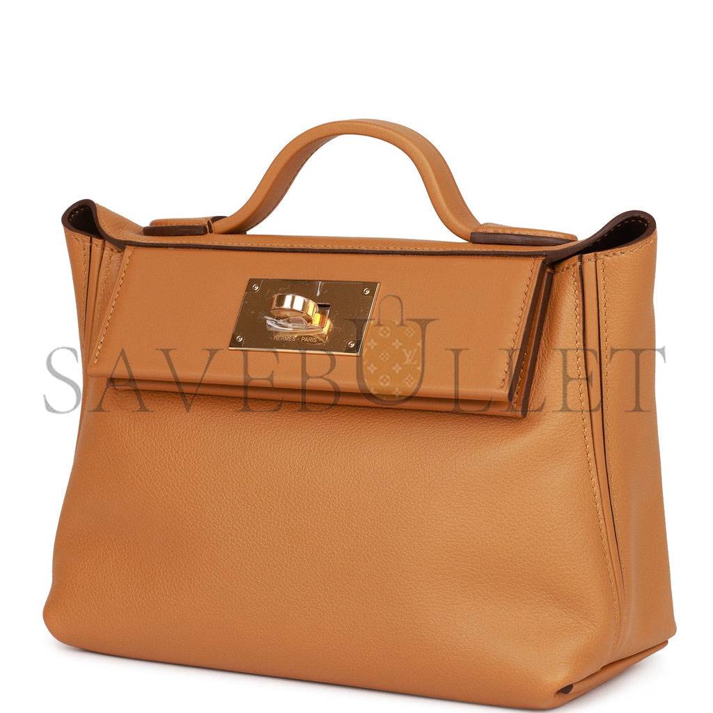 HERMES MINI 2424 BAG CARAMEL EVERCOLOR AND SESAME SWIFT VERSO GOLD HARDWARE (23*17*11cm)