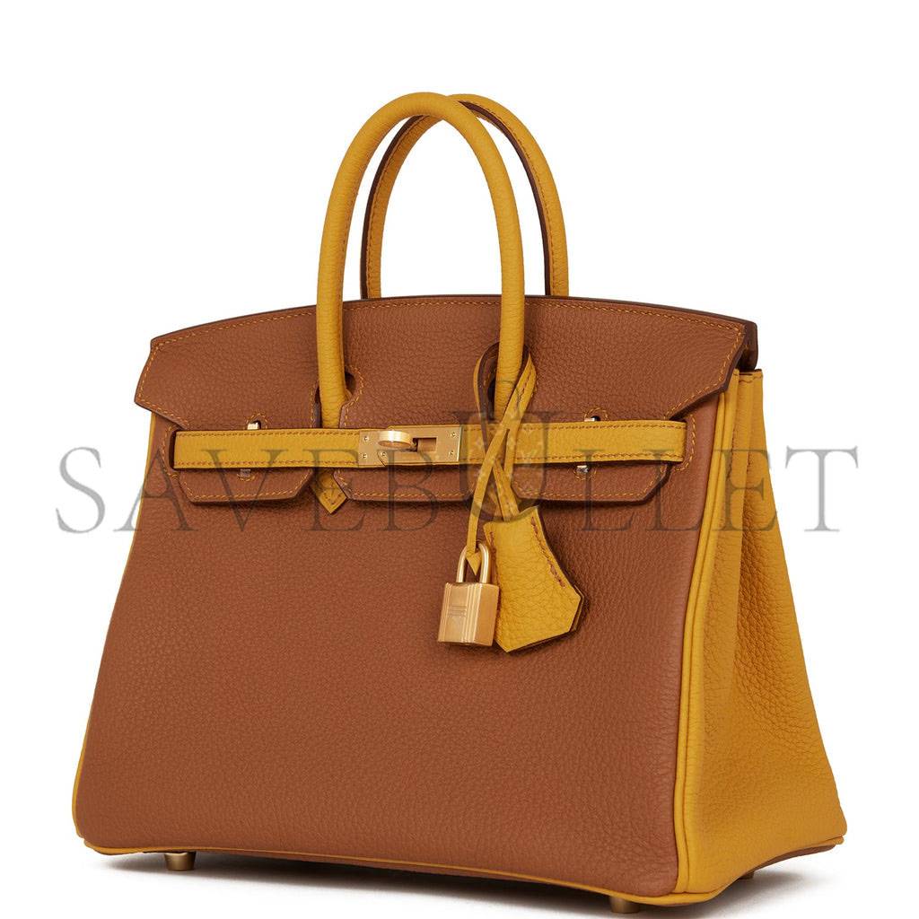 HERMES SPECIAL ORDER (HSS) BIRKIN 25 GOLD AND JAUNE AMBRE TOGO BRUSHED GOLD HARDWARE  HANDMADE(25cm)