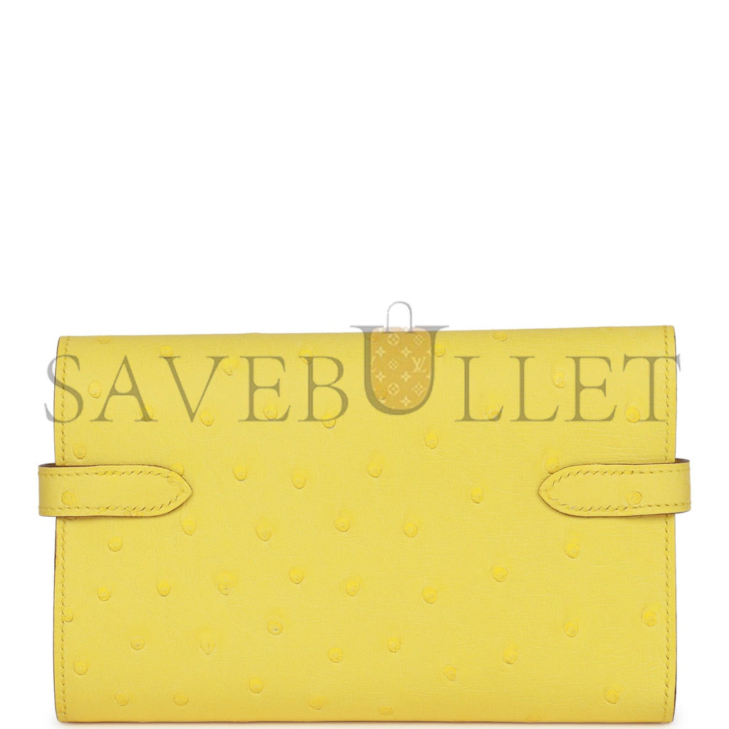 HERMES MEDIUM KELLY DEPLIANT WALLET JAUNE CITRON OSTRICH PALLADIUM HARDWARE (15*10*3cm)