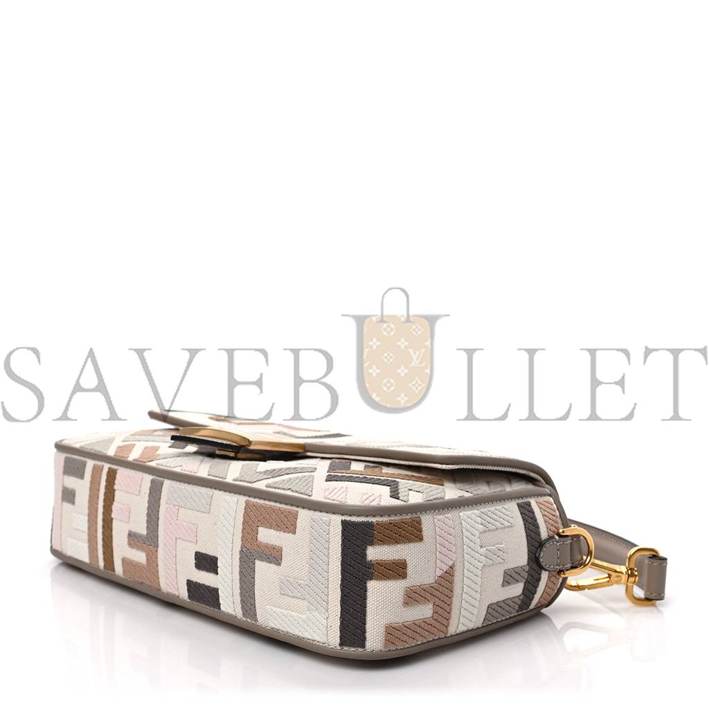 FENDI CANVAS VITELLO SETA FF MULTICOLOR EMBROIDERED BAGUETTE GREZZO MULTICOLOR TORTORA (28*16*6cm)